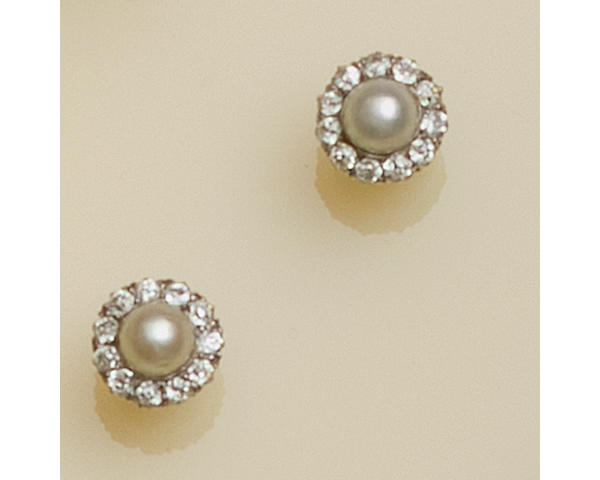A pair of cultured pearl and diamond cluster earstuds