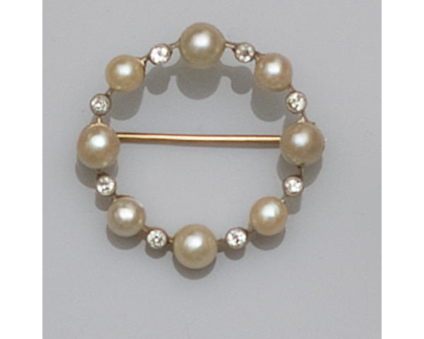 A pearl and diamond brooch, (4)