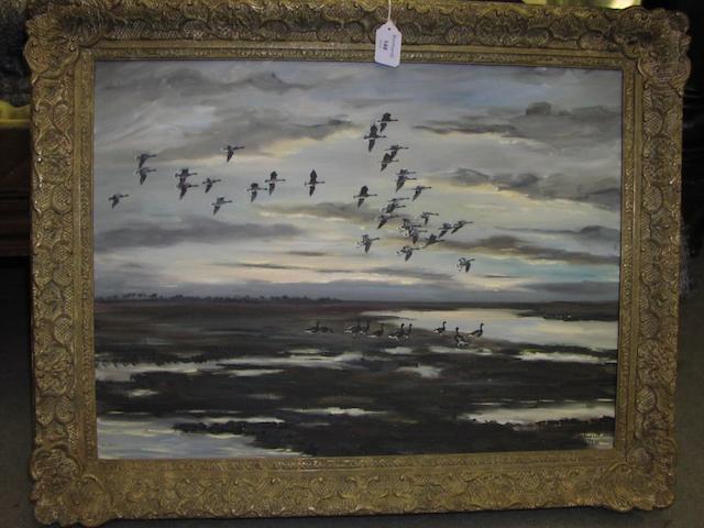 Hugh Monahan (Irish, 1914-1970) "Pinkfeet, Evening - Solway", marshland with geese, 44 x 60cm.