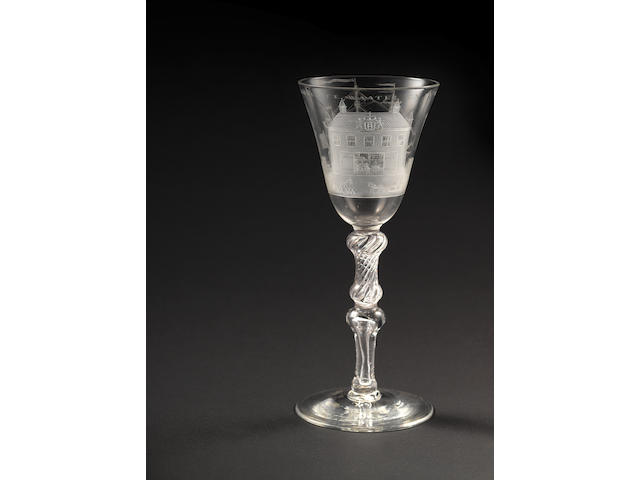 A fine Dutch engraved light-baluster goblet, signed by Jacob Sang dated 1759