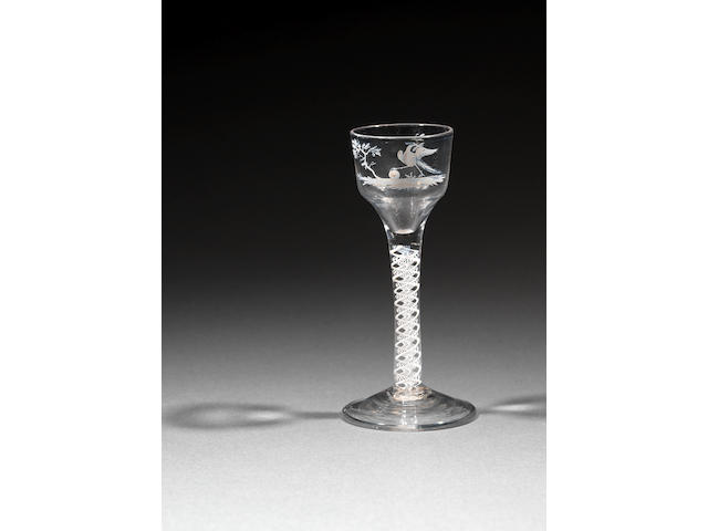A rare Beilby enamelled opaque-twist wine glass circa 1765