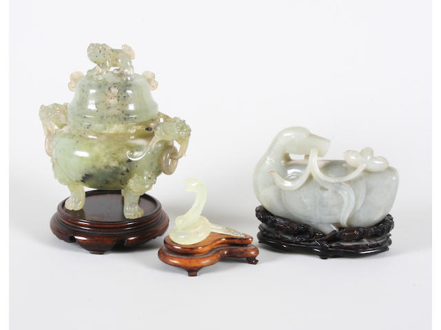 A Chinese carved jade censer and cover, a carved jade model of a duck and another of a serpent