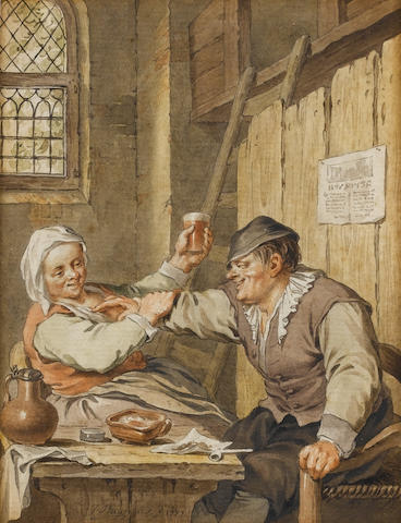Jacobus Buys (Amsterdam 1724-1801) A tavern interior with peasants seated at a table; and A tavern interior with a peasant holding a glass of ale 146 x 112 mm. (2)