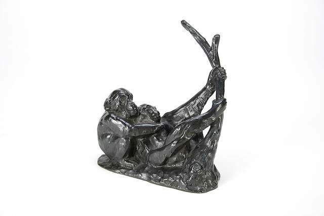Irene Rochard (French, 1906-1984): A 20th century bronze figural group of two chimpanzees
