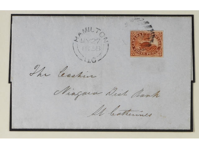 Canada: 1852-57 3d. with close to large margins used on neat 1858 (May 27) cover from Hamilton to St. Catherines, stamp has been removed and reaffixed, St. Catherines backstamp. (377)