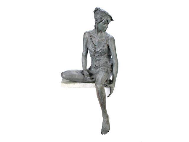 A large 20th century bronze figure of a seated girl