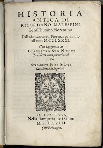 MALESPINI (RICORDANO) Historia antica dall'edificazione di Fiorenza, 1568; BUONACCORSI (BIAGIO) Diario de' successi piu importanti, 1568, 2 works bound in one vol.