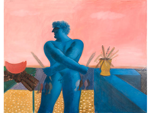 Alecos Fassianos (Greek, born 1935) The glorified man of the beach / The courtyard wall 200 x 251 cm.