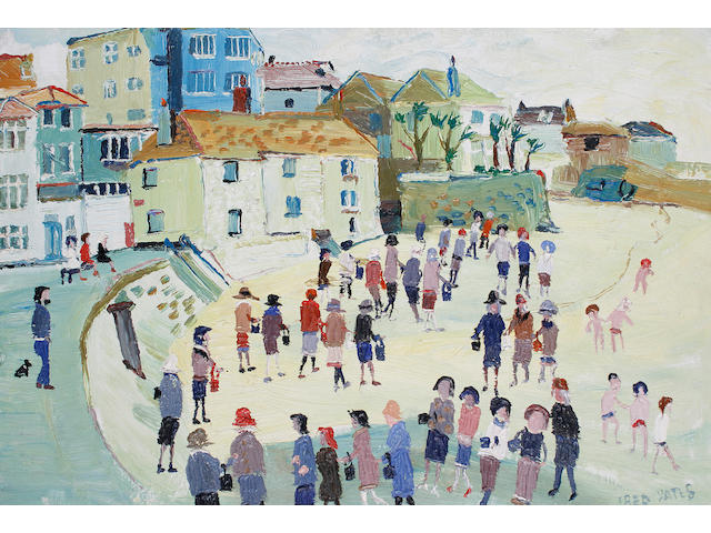 Fred Yates (British, born 1922) Figures in a Cornish village