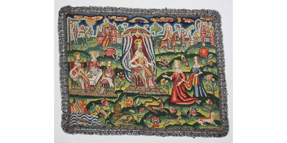 A fine 17th century needlework depicting scenes from the Book of Esther