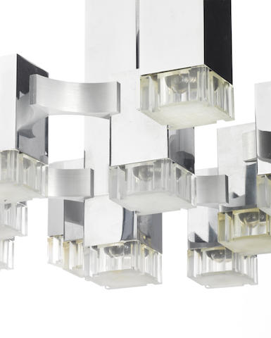 Gaetano Sciolari for Lightolier, four 'Cubic' ceiling lights circa 1965 including a pair of chandeliers, chrome and plexiglass