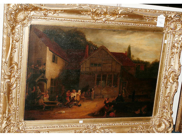 Large oil on canvas A group of people enjoying themselves outside a tavern, mounted in a gilt swept frame.
