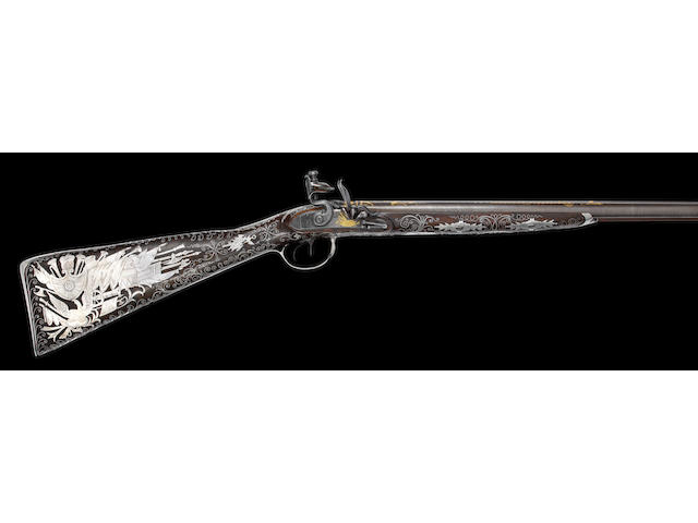 A Very Rare And Highly Ornate 22-Bore Silver-Mounted D.B. Flintlock Sporting Gun