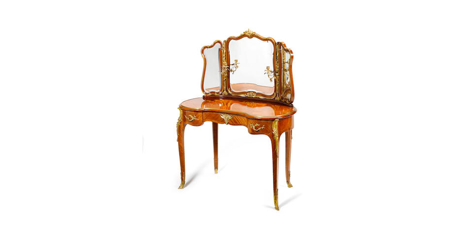 A French late 19th century Louis XV style ormolu-mounted kingwood, satin&#233; and parquetry dressing table By Fran&#231;ois Linke, Paris, retailed by Maple & Cie