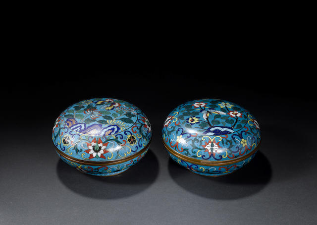 A pair of cloisonn&#233; enamel turquoise-ground boxes and covers Qing Dynasty