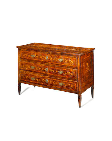 A late 18th century Italian walnut, fruitwood and marquetry commode