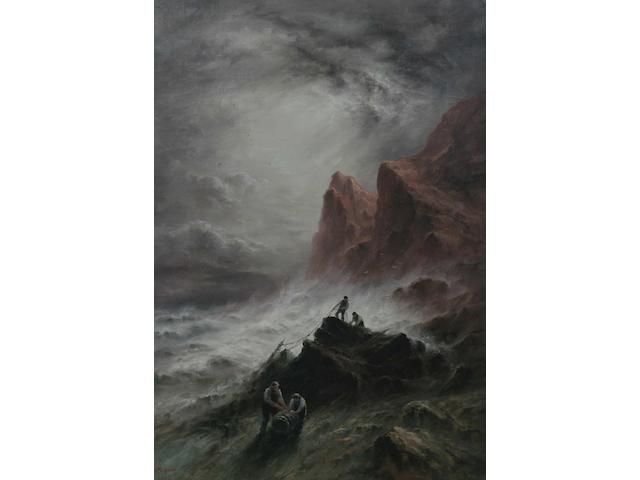 Sarah Louisa Kilpack (British, circa 1840-1909) A stormy coastal scene, four men salvaging a barrel and wreck debris below cliffs, signed, oil on canvas, 80 x 54.6cm.