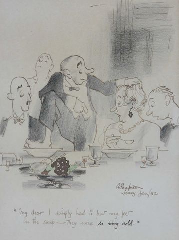 Bonhams Edmund Blampied Jersey 1886 1966 An Occupation Cartoon My Dear L Simply Had To Put My Feet In The Soup They Were So Very Cold 36cm X 26cm