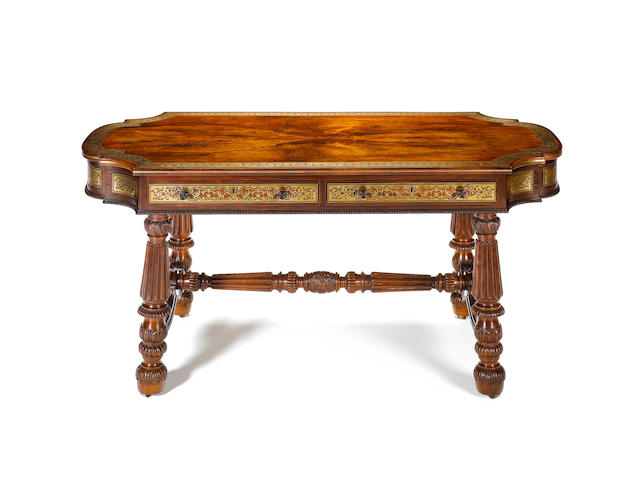 A Regency rosewood and brass marquetry Library Table attributed to Gillows