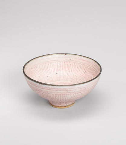 Lucie Rie (Austrian/British, 1902-1995) a rare pink 'Knitted' Bowl, circa 1981 Diameter 16cm (6 1/4in.)