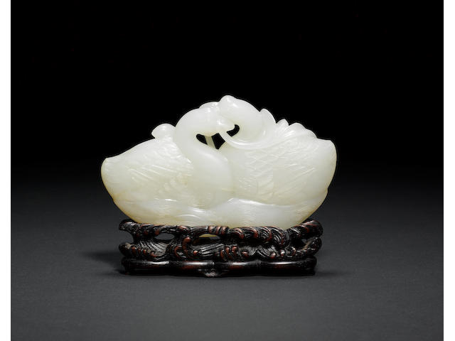 A very fine pale celadon jade carving of Two Ducks Qianlong