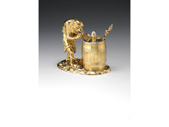 A George IV silver gilt novelty monkey mustard pot and spoon, by John Bridge, London 1824, also incuse stamped "RUNDELL BRIDGE ET RUNDELL AURIFICES REGIS LONDINI",