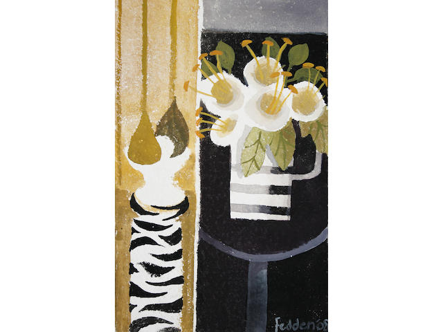 Mary Fedden R.A. (British, born 1915) Still life with flowers in a striped jug (unframed)