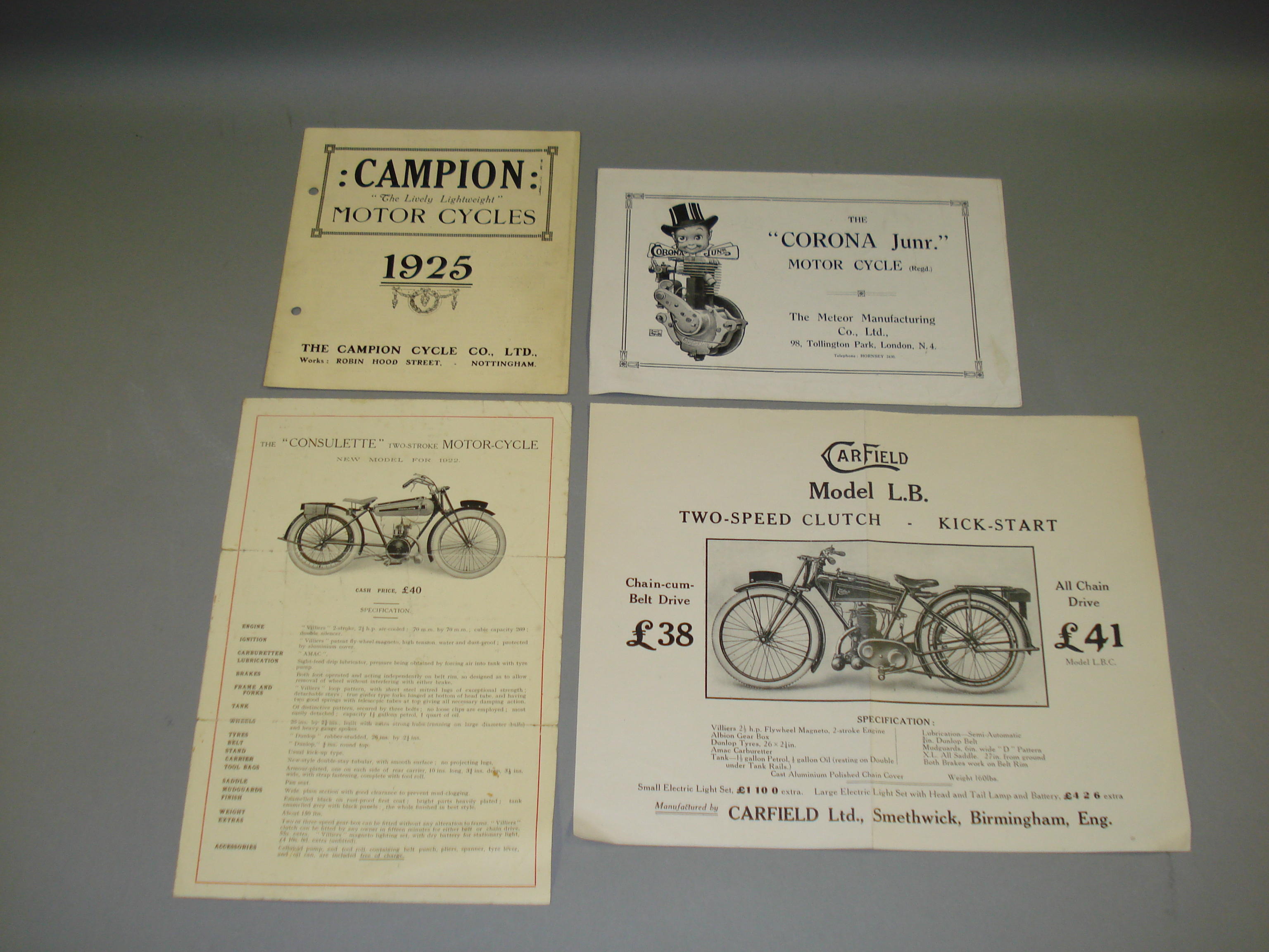 A selection of 1920s motorcycle sales brochures,