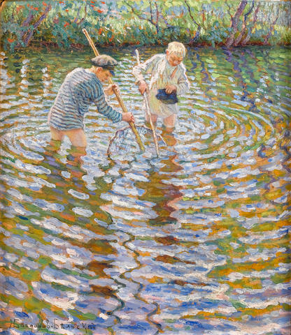 Nikolai Petrovich Bogdanov-Bel'sky (Russian, 1868-1945) Young boys fishing for minnows