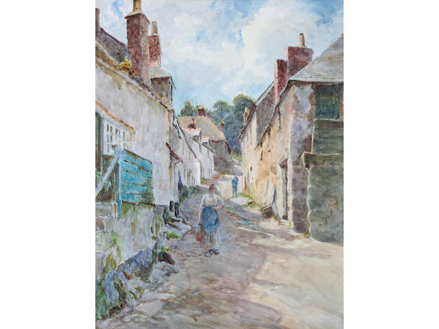 Attributed to Tom Clough (British, 1867-1943) A Welsh street with lady by cottages,