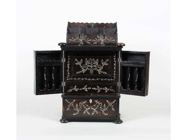 A good early 19th century Singalese ebony and bone inlaid desk cabinet