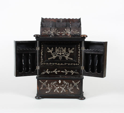 A good early 19th century Singalese ebony and bone inlaid desk cabinet
