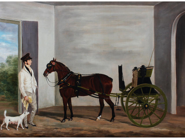 James Loder Of Bath (British, 1784-1860) Pony and trap with groom in a coach house 62 x 84.5cm.