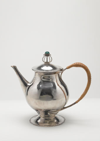 Charles Robert Ashbee for the Guild of Handicraft Ltd. A Silver and Chrysophrase Lidded Tea Pot, 1901