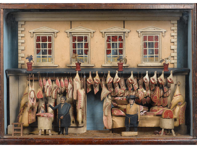 Fine carved painted wooden Butchers Shop, English mid 19th century