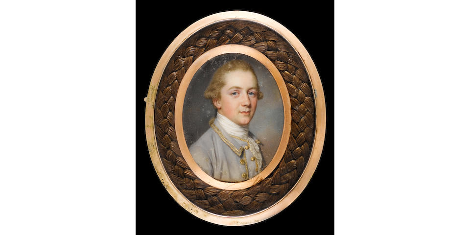 John Smart (English, 1742/43-1811) Thomas Russell (1750-1814), wearing pale grey coat and waistcoat trimmed with gold braid and buttons, white stock and lace cravat, his hair worn en queue
