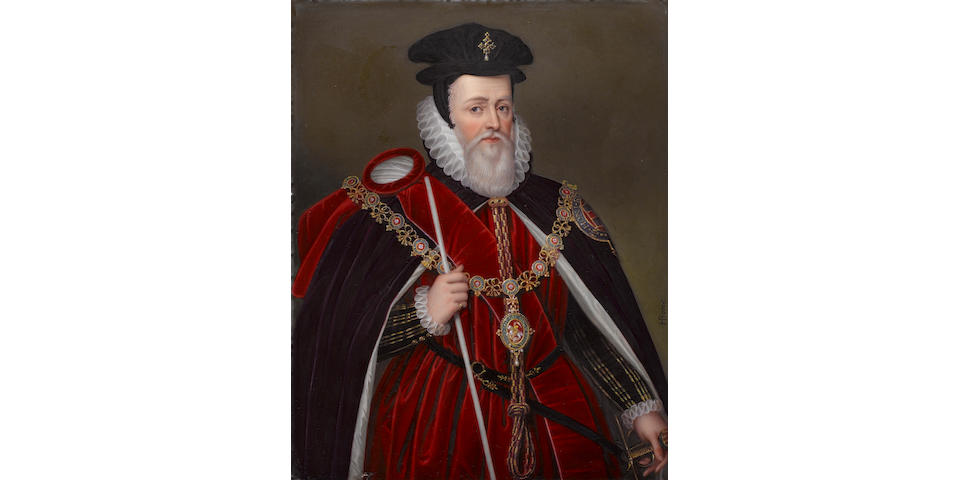 Henry Bone, R.A. (British, 1755-1834) William Cecil, 1st Baron Burghley (1520-1598), wearing the robes of the Chancellor of the Order of the Garter, blue cloak with white satin lining, the insignia and arms of the Order on his left breast, white ruff, red velvet sash and doublet the black velvet sleeves with gold embroidered stripes and pleated white cuffs, black belt embossed with gold, gold and enamelled collar of the Order, black cap under chaperon pinned with gold jewel set brooch with pendent pearl, his right hand holding a white staff, his left hand resting on the hilt of his sword