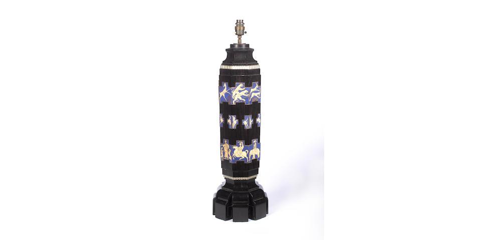 Sir Edwin Lutyens, attributed An Impressive Table Lamp in Ebonised Wood with Applied Enamel Plaques, circa 1920