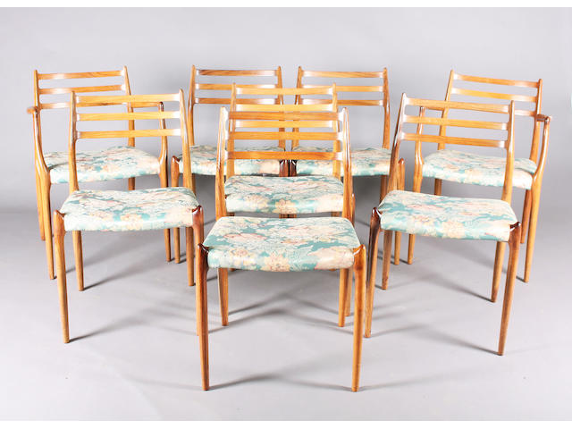 A set of eight solid rosewood dining chairs attributed to Moller