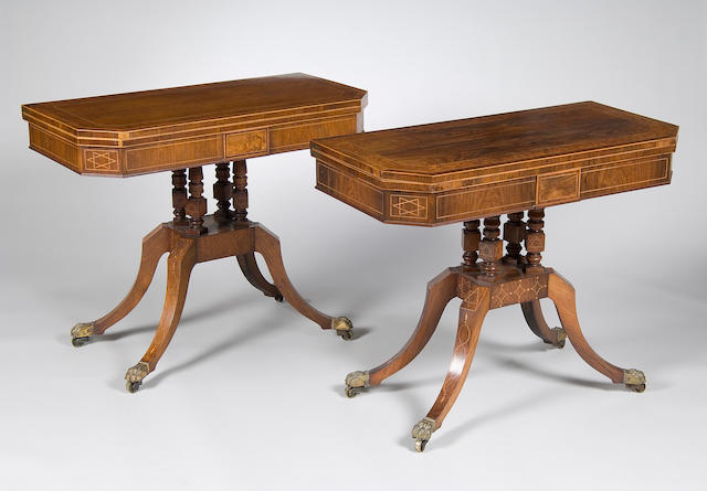 A matched pair rosewood and birds eye maple, boxwood stung card tables
