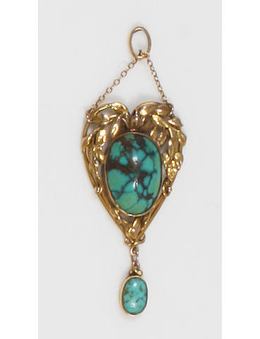 An Arts and Crafts gold and turquoise pendant