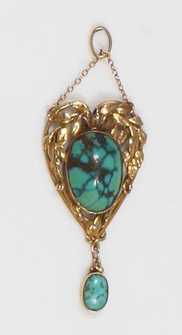 An Arts and Crafts gold and turquoise pendant