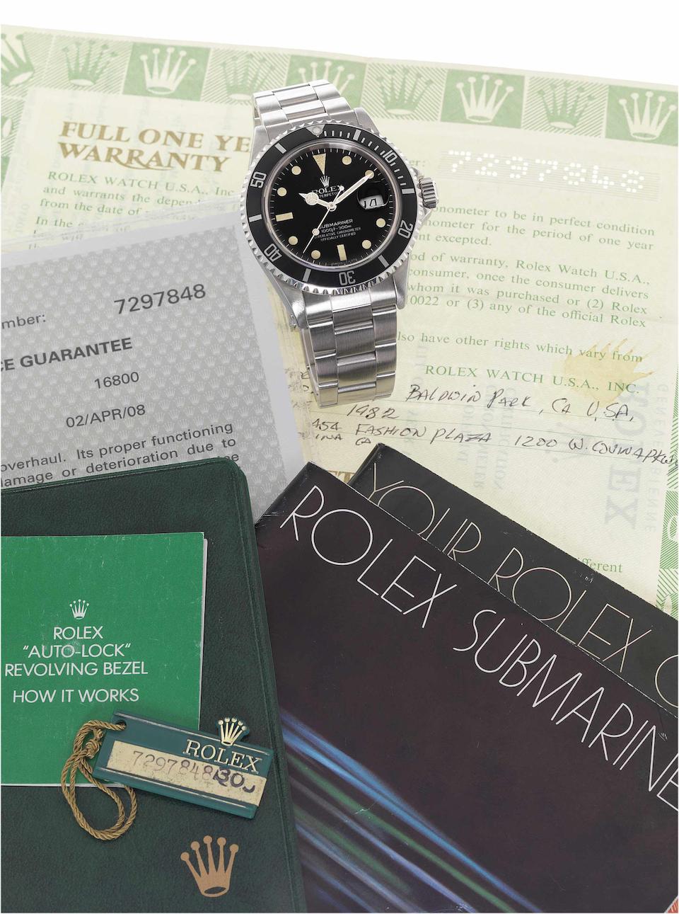 Rolex. A fine and rare stainless steel automatic centre seconds bracelet watch with original Rolex Guarantee papers, numbered Rolex Submariner swing tag and Rolex service Guarantee papers dated April 2nd 2008Ref:16800, Submariner, Case No.7297848, Sold June 1982