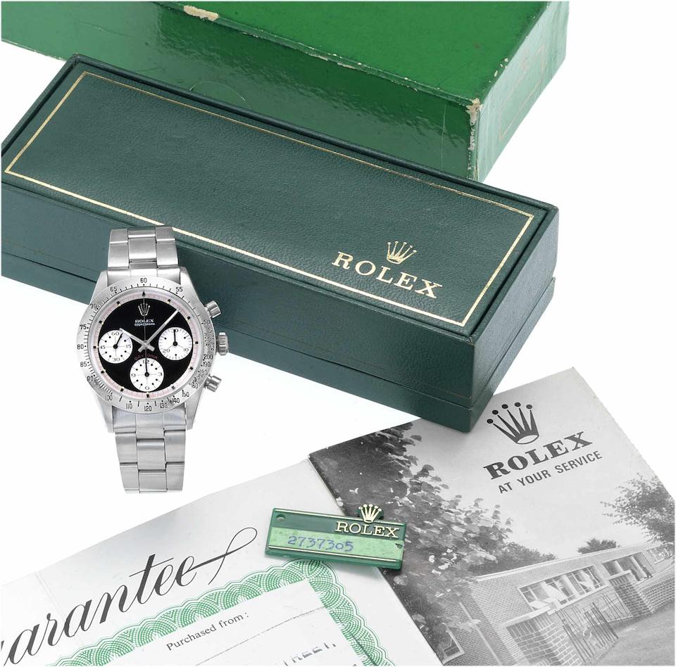 Rolex. A fine and rare stainless steel chronograph wristwatch together with original Rolex guarantee, swing tag, fitted box and instructionsCosmograph Daytona, "Paul Newman", Ref.6262, Case No. 2737305, 1969, Sold 7th December 1971