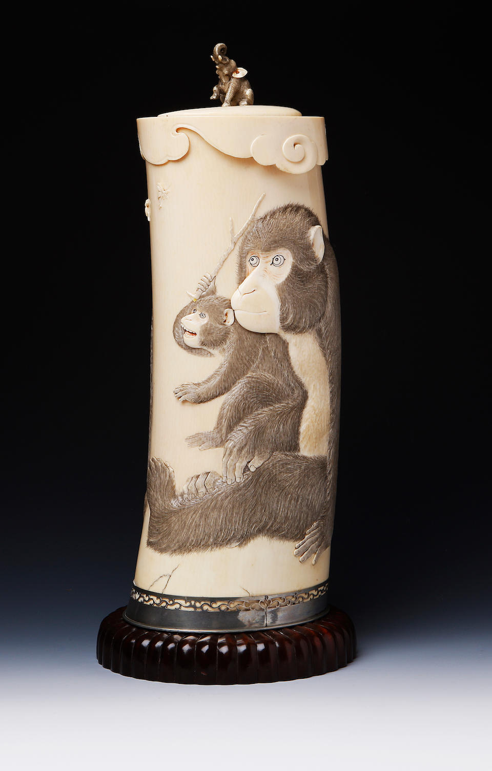 A large ivory tusk vase and cover on stand signature possibly Senpo