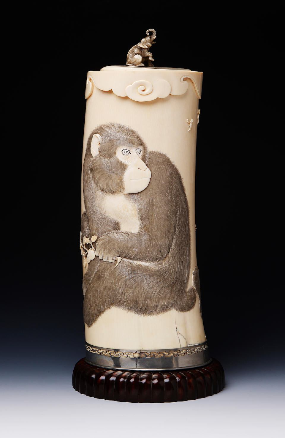 A large ivory tusk vase and cover on stand signature possibly Senpo