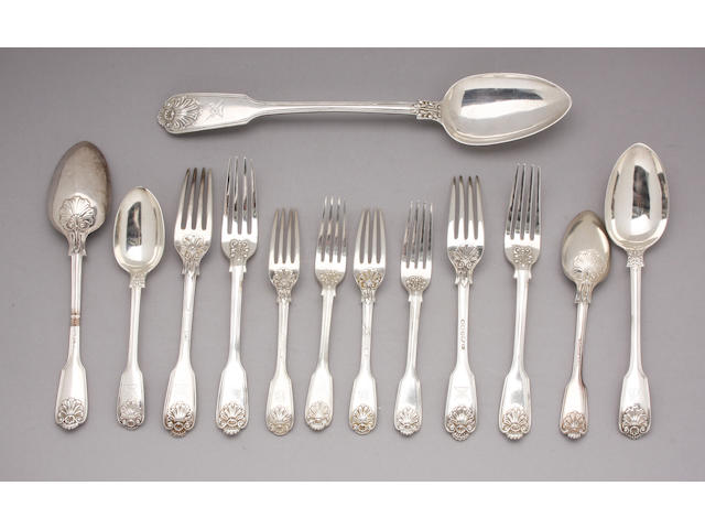 A Victorian silver composite canteen of fiddle husk pattern cutlery  (51)