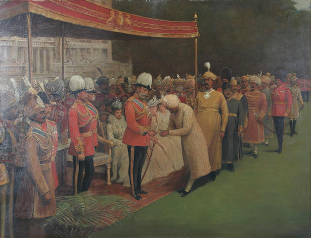 Albert E Harris The review of the Indian troops at Buckinham Palace by the King: His Majesty giving medals to the Indian representitives,