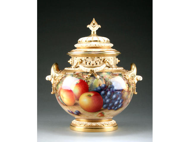 A large and impressive Royal Worcester fruit painted vase and cover by Harry Ayrton Post war