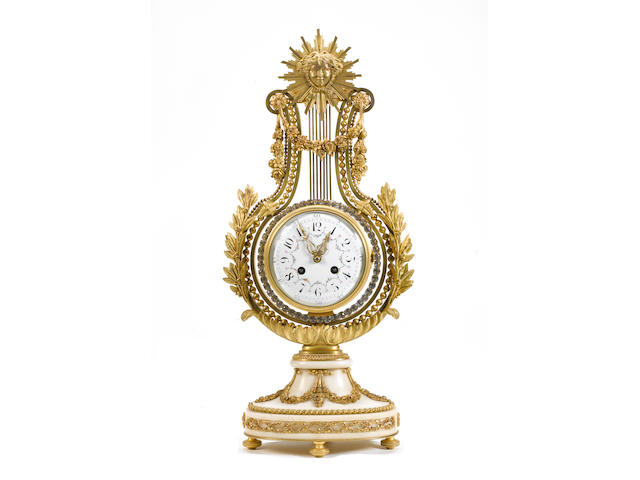 A late 19th century French ormolu and marble lyre clock with swinging glass set bezel Unsigned